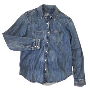 Gap 1969 Women Denim Western Shirt Medium Wash Snap Front XS Boho Casual Cowgirl